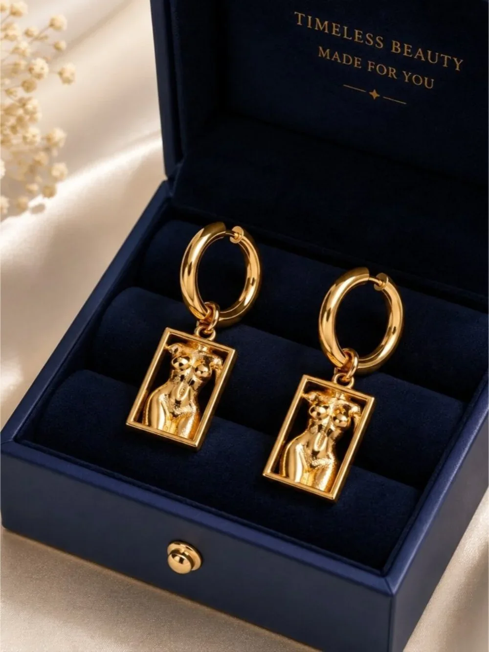 Gold color Sculpted Figure Hoop Drop Earrings